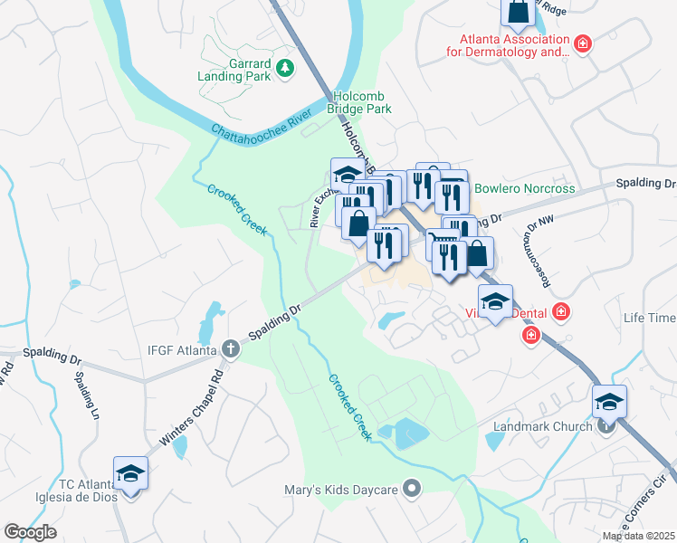 map of restaurants, bars, coffee shops, grocery stores, and more near 7300 Spalding Drive in Peachtree Corners