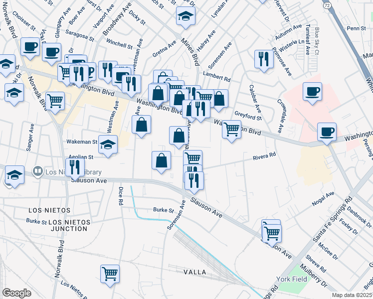 map of restaurants, bars, coffee shops, grocery stores, and more near 8213 Sorensen Avenue in Santa Fe Springs