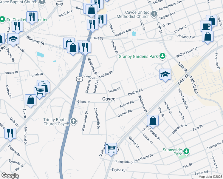 map of restaurants, bars, coffee shops, grocery stores, and more near 1518 Benton Circle in Cayce