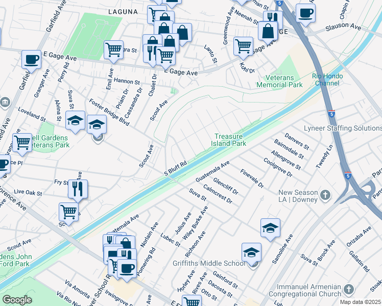 map of restaurants, bars, coffee shops, grocery stores, and more near 7336 Cleargrove Drive in Downey