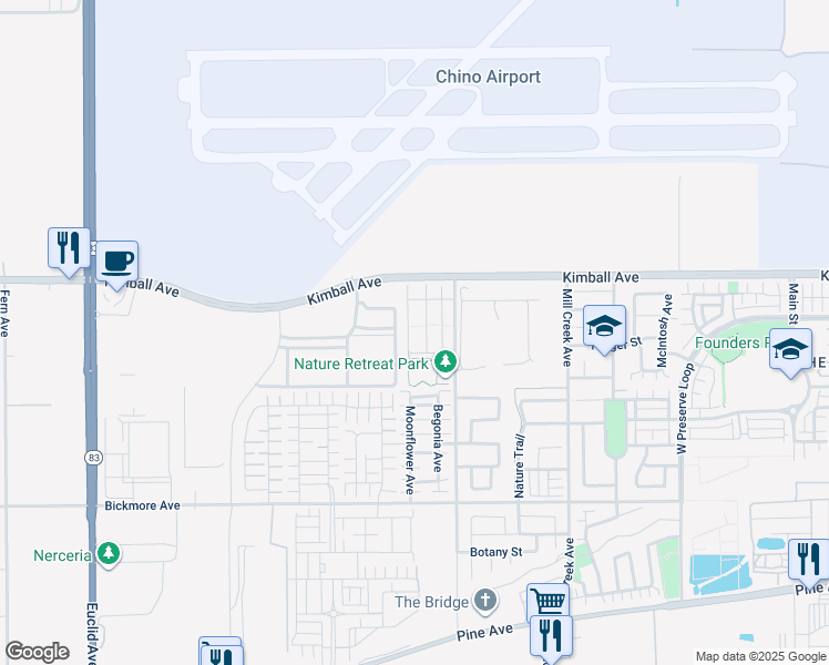 map of restaurants, bars, coffee shops, grocery stores, and more near 15769 Molly Avenue in Chino