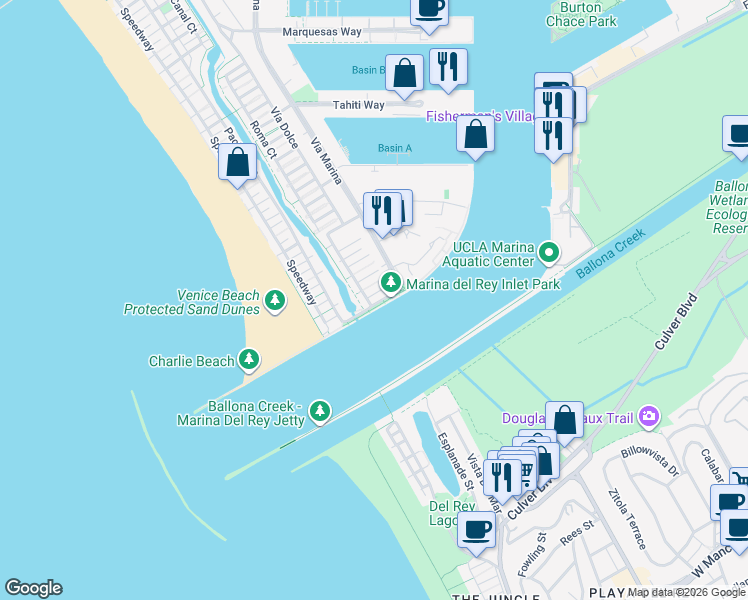 map of restaurants, bars, coffee shops, grocery stores, and more near 119 Vía Marina in Marina del Rey