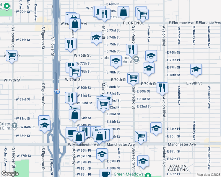 map of restaurants, bars, coffee shops, grocery stores, and more near 128 1/2 East 80th Street in Los Angeles