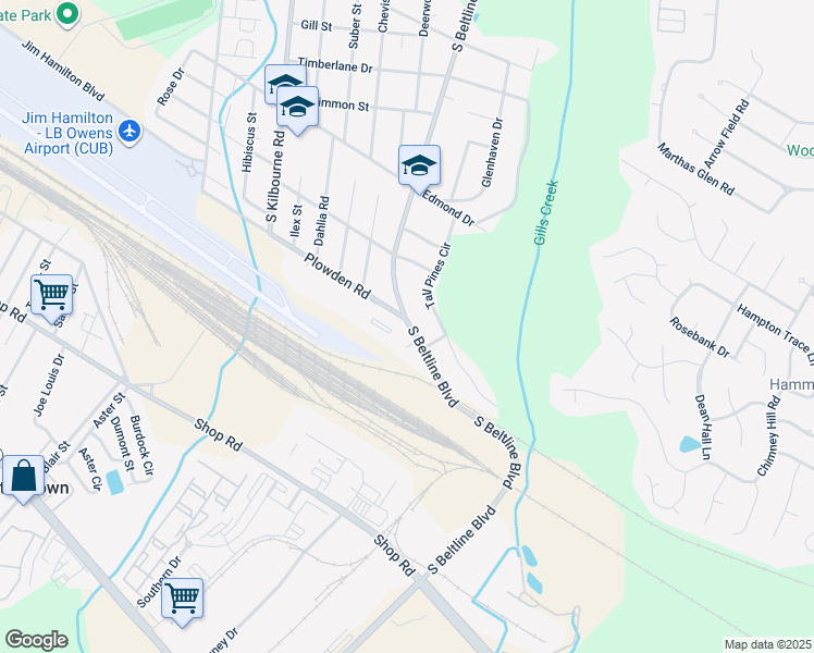 map of restaurants, bars, coffee shops, grocery stores, and more near 1630 South Beltline Boulevard in Columbia