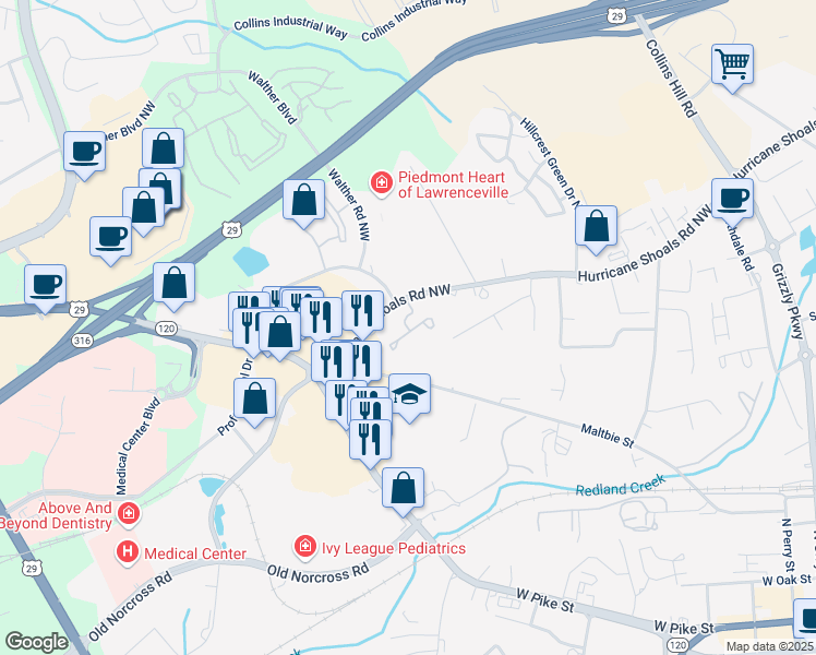 map of restaurants, bars, coffee shops, grocery stores, and more near 614 Bridge Way in Lawrenceville
