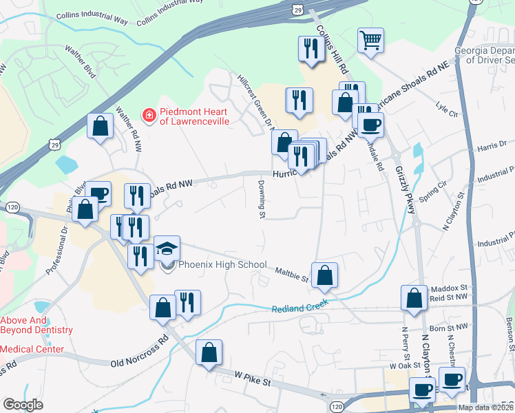map of restaurants, bars, coffee shops, grocery stores, and more near 522 Downing Street in Lawrenceville
