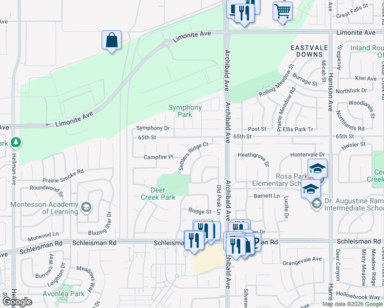 map of restaurants, bars, coffee shops, grocery stores, and more near 14343 Settlers Ridge Court in Corona