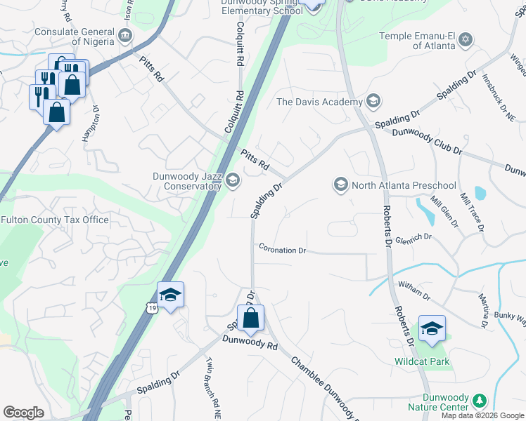 map of restaurants, bars, coffee shops, grocery stores, and more near 1215 Spalding Drive in Atlanta