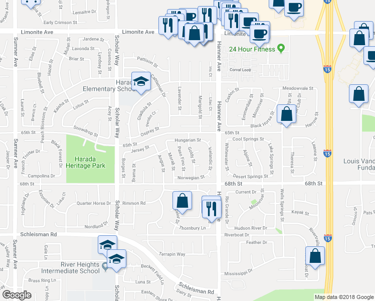 map of restaurants, bars, coffee shops, grocery stores, and more near 6695 Goldy Street in Corona