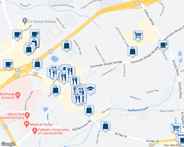 map of restaurants, bars, coffee shops, grocery stores, and more near Bridge Way in Lawrenceville