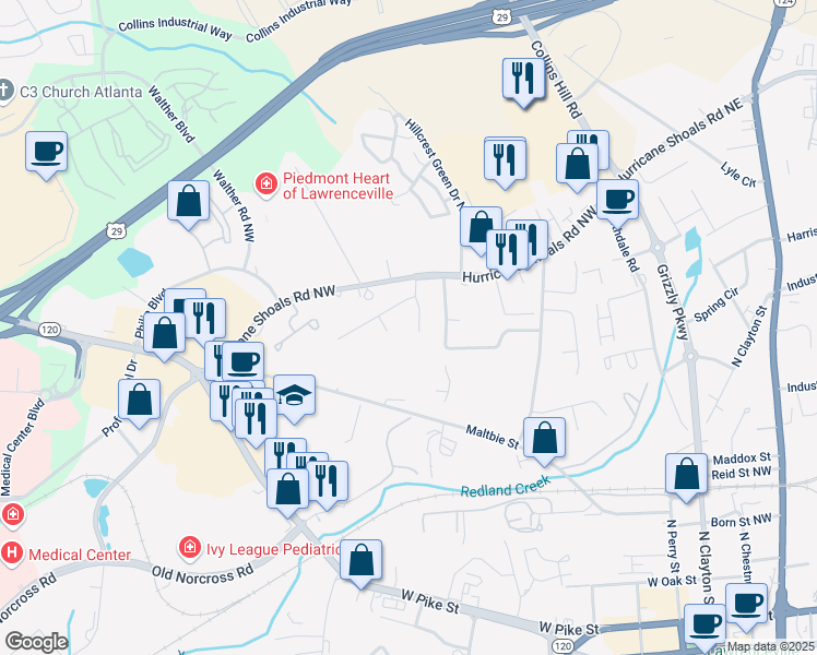 map of restaurants, bars, coffee shops, grocery stores, and more near 528 Whitehall Lane in Lawrenceville