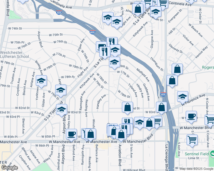 map of restaurants, bars, coffee shops, grocery stores, and more near 5600 West 78th Street in Los Angeles