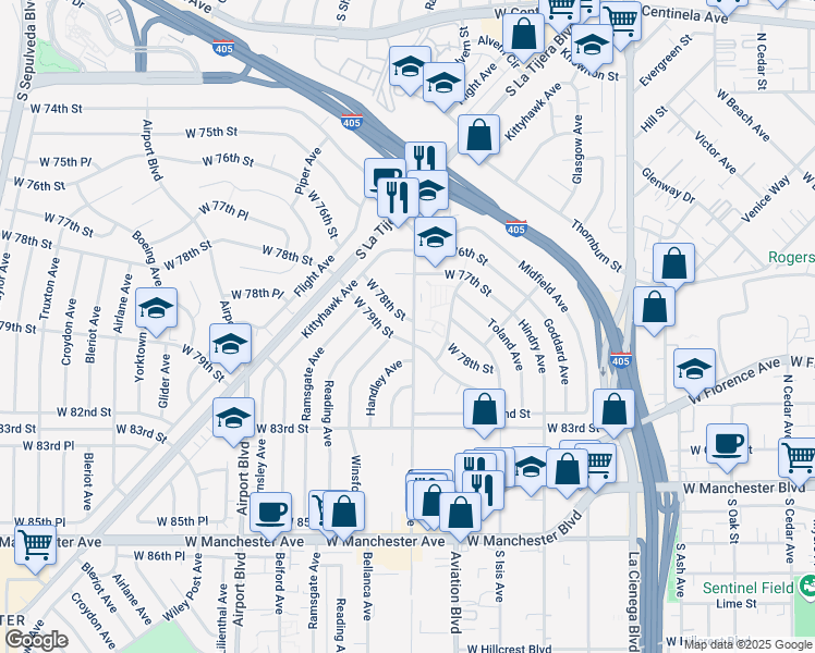 map of restaurants, bars, coffee shops, grocery stores, and more near 5602 West 78th Street in Los Angeles