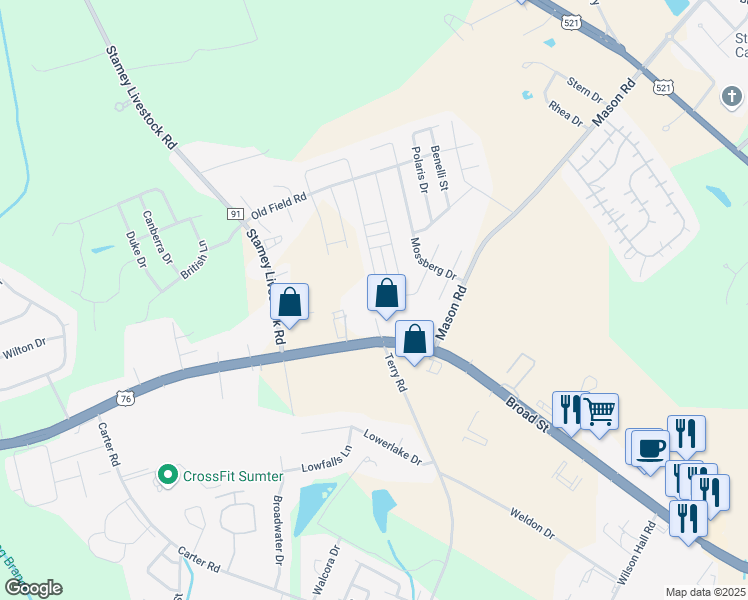 map of restaurants, bars, coffee shops, grocery stores, and more near 1590 Ruger Drive in Sumter