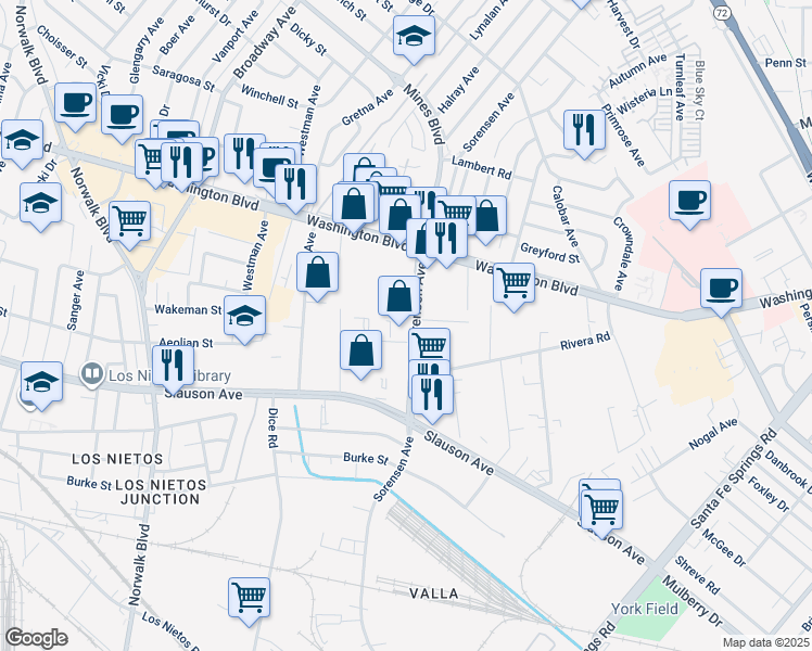 map of restaurants, bars, coffee shops, grocery stores, and more near 8213 Sorensen Avenue in Santa Fe Springs