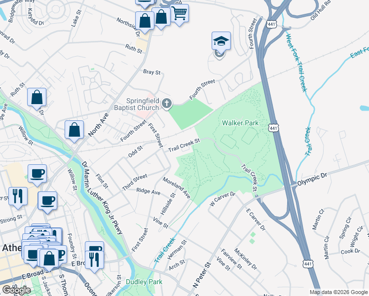 map of restaurants, bars, coffee shops, grocery stores, and more near 149 Trail Creek Street in Athens