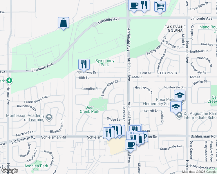 map of restaurants, bars, coffee shops, grocery stores, and more near 14343 Settlers Ridge Court in Corona
