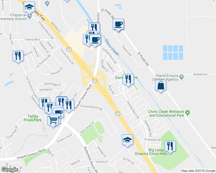map of restaurants, bars, coffee shops, grocery stores, and more near 15742 Roan Road in Chino Hills