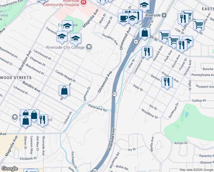 map of restaurants, bars, coffee shops, grocery stores, and more near in Riverside