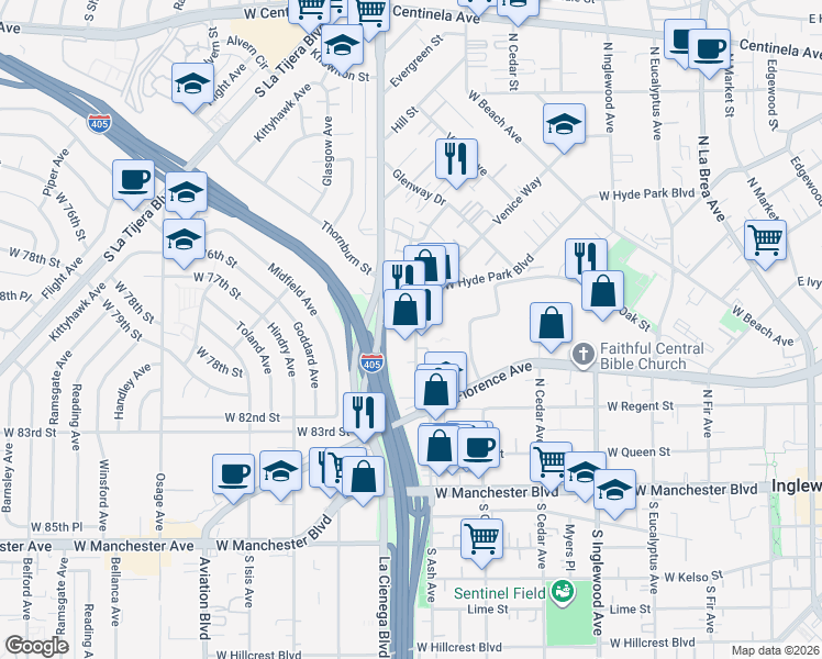 map of restaurants, bars, coffee shops, grocery stores, and more near 702 Vesta Street in Inglewood