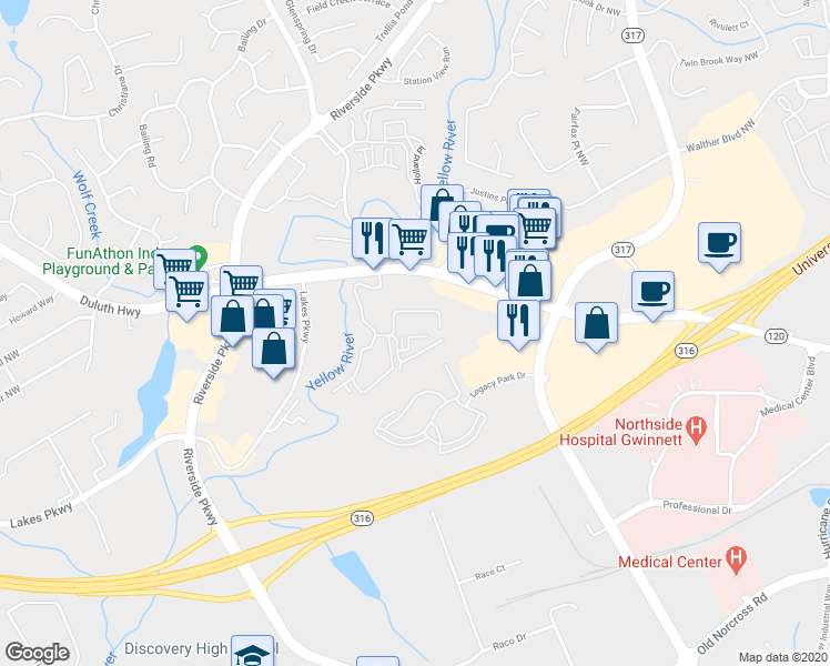 map of restaurants, bars, coffee shops, grocery stores, and more near 254 Duluth Highway in Lawrenceville