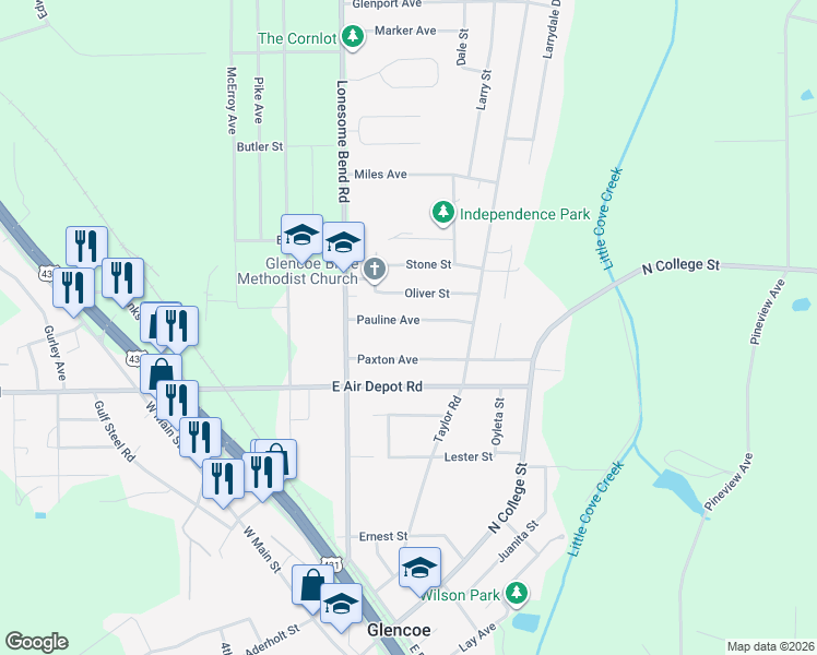 map of restaurants, bars, coffee shops, grocery stores, and more near 414 Pauline Avenue in Gadsden