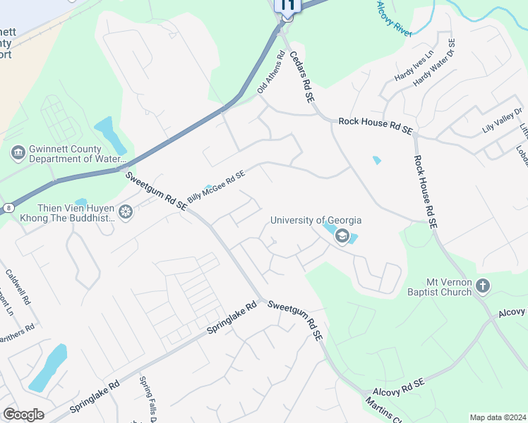 map of restaurants, bars, coffee shops, grocery stores, and more near 1061 Wallace Hill Ridge Southeast in Lawrenceville