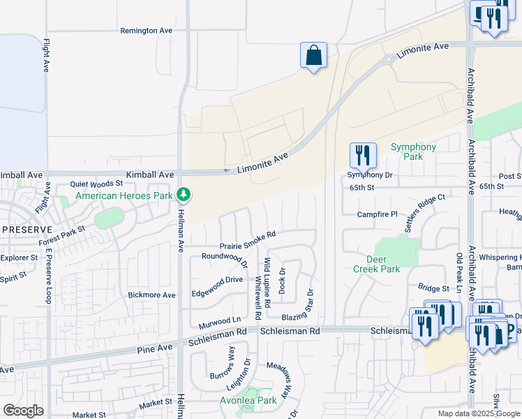 map of restaurants, bars, coffee shops, grocery stores, and more near 6645 Rosebay Court in Corona