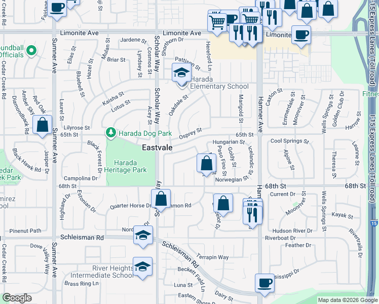 map of restaurants, bars, coffee shops, grocery stores, and more near 12838 Jersey Street in Corona