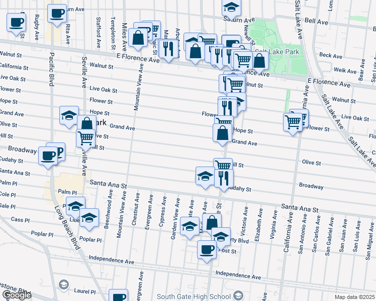 map of restaurants, bars, coffee shops, grocery stores, and more near 3107 Olive Street in Huntington Park