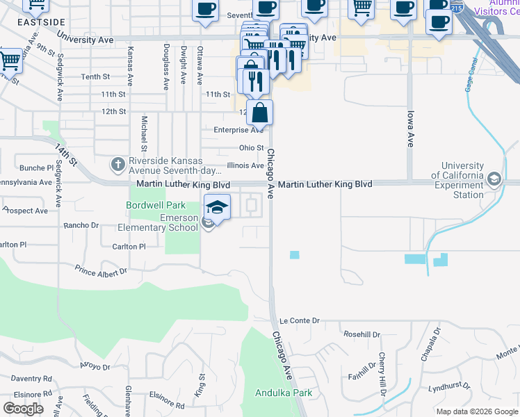 map of restaurants, bars, coffee shops, grocery stores, and more near 4559 Filson Street in Riverside