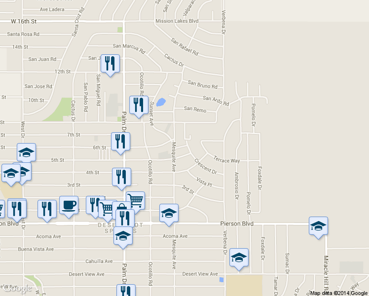 map of restaurants, bars, coffee shops, grocery stores, and more near 11190 Mesquite Avenue in Desert Hot Springs