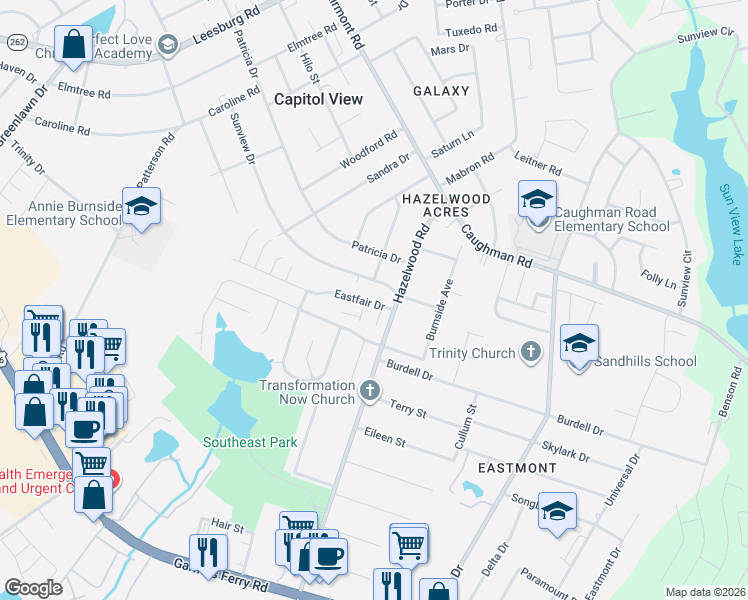 map of restaurants, bars, coffee shops, grocery stores, and more near 7624 Sunview Drive in Columbia