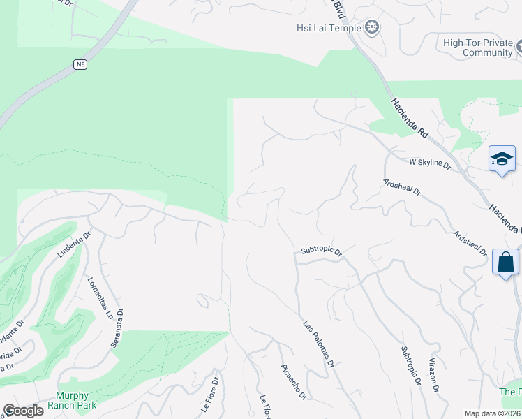 map of restaurants, bars, coffee shops, grocery stores, and more near 2364 Las Palomas Drive in La Habra Heights