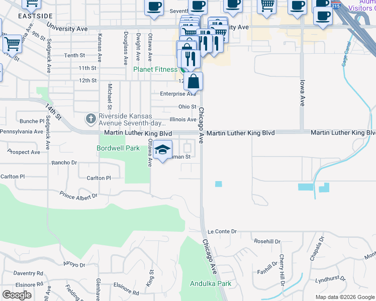 map of restaurants, bars, coffee shops, grocery stores, and more near 1755 Vistoso Drive in Riverside