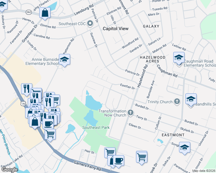 map of restaurants, bars, coffee shops, grocery stores, and more near 445 Eastfair Drive in Columbia