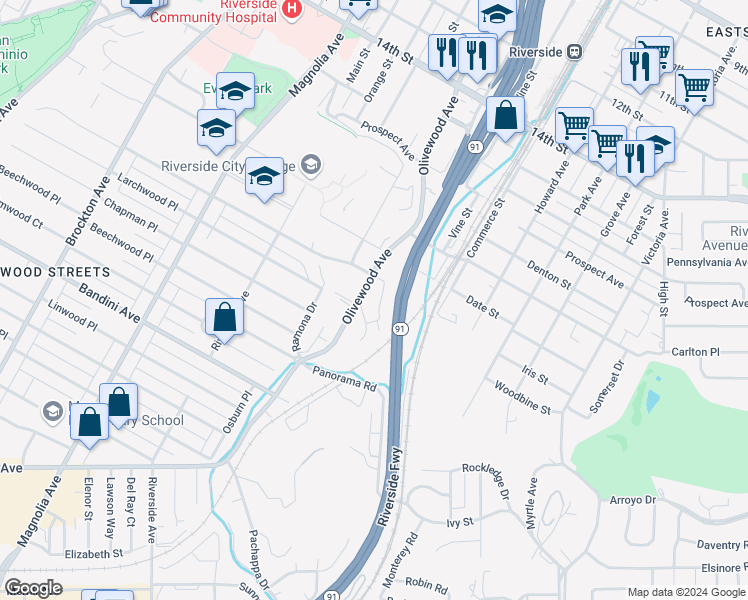 map of restaurants, bars, coffee shops, grocery stores, and more near 4912 Brooks Street in Riverside