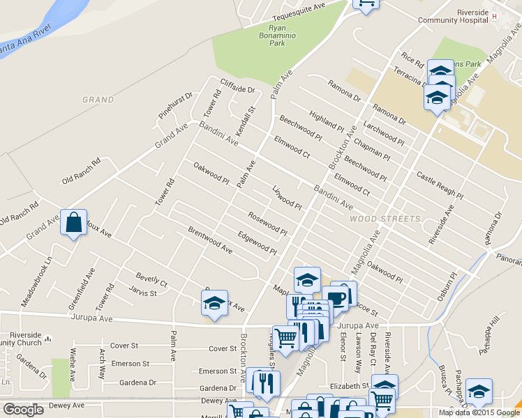 map of restaurants, bars, coffee shops, grocery stores, and more near 4409 Oakwood Place in Riverside