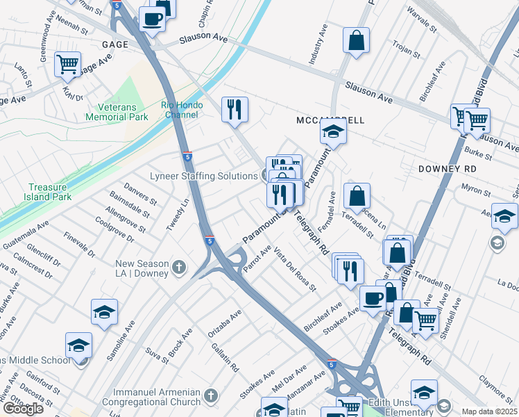 map of restaurants, bars, coffee shops, grocery stores, and more near 8525 Paramount Boulevard in Downey