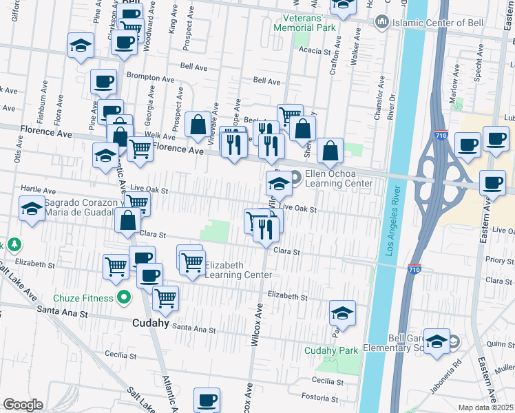 map of restaurants, bars, coffee shops, grocery stores, and more near 4939 1/2 Live Oak Street in Bell Gardens