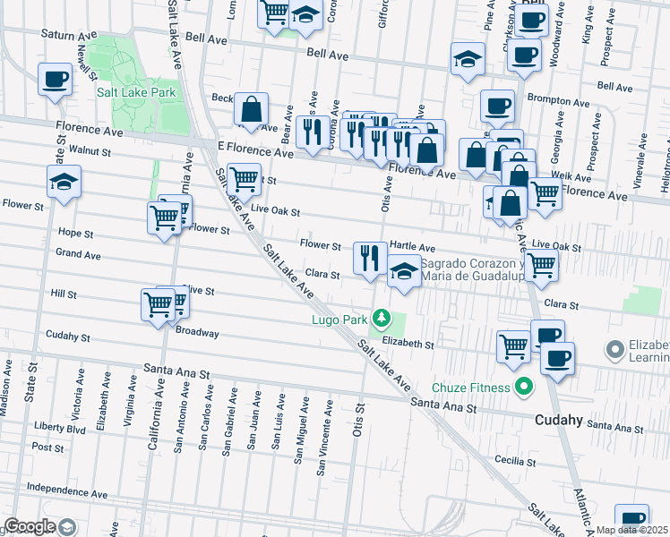 map of restaurants, bars, coffee shops, grocery stores, and more near 4008 Flower Street in Cudahy