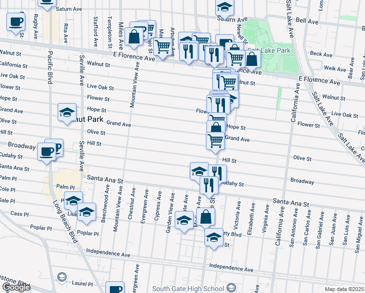 map of restaurants, bars, coffee shops, grocery stores, and more near 3107 Olive Street in Huntington Park