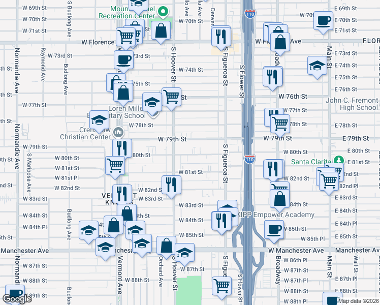 map of restaurants, bars, coffee shops, grocery stores, and more near 704 West 79th Street in Los Angeles