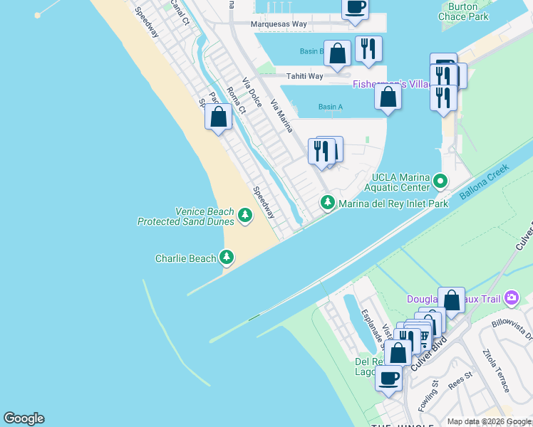 map of restaurants, bars, coffee shops, grocery stores, and more near 30 Voyage Street in Marina del Rey