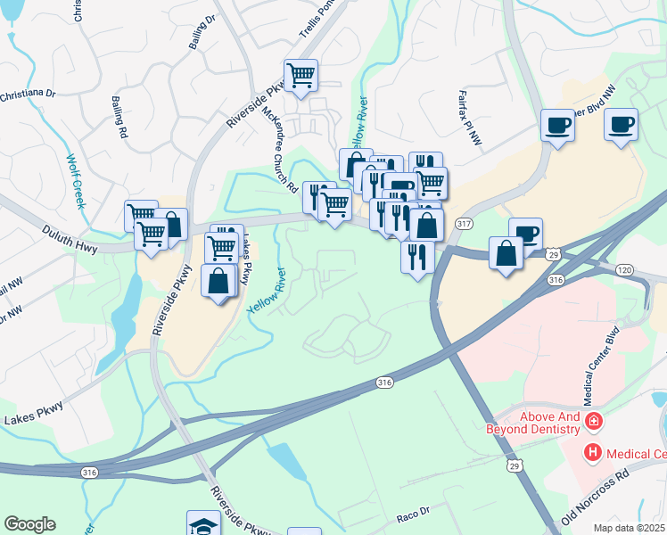 map of restaurants, bars, coffee shops, grocery stores, and more near 254 Duluth Highway in Lawrenceville