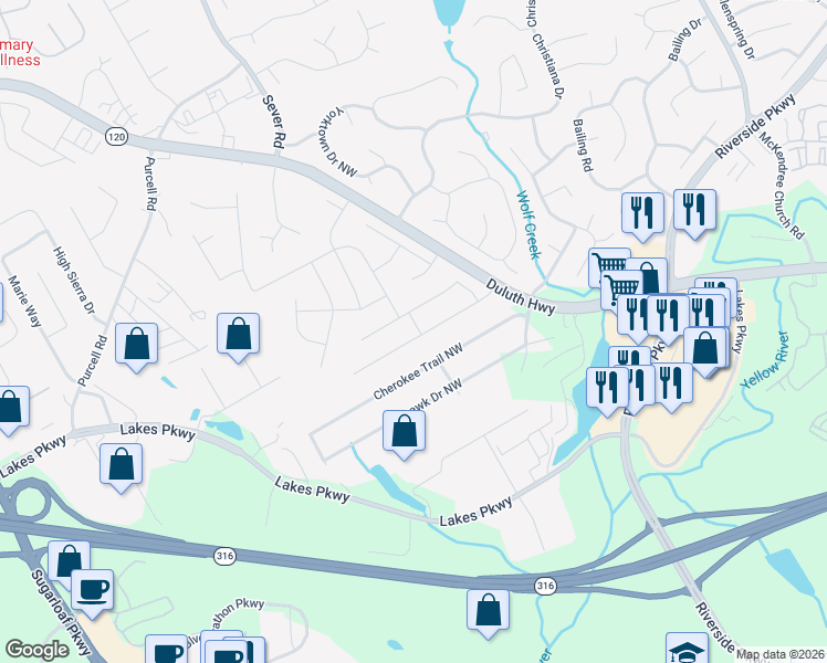 map of restaurants, bars, coffee shops, grocery stores, and more near 1351 Howard Way in Lawrenceville
