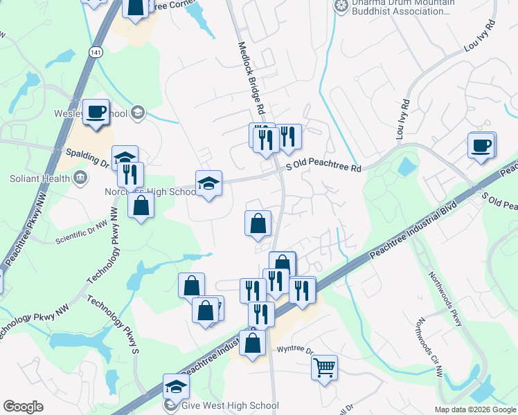 map of restaurants, bars, coffee shops, grocery stores, and more near 3391 Medlock Bridge Road in Norcross