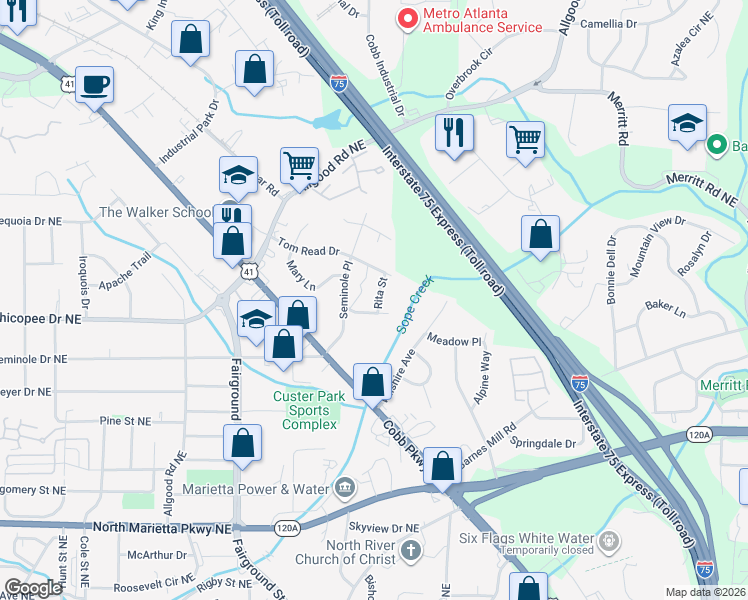 map of restaurants, bars, coffee shops, grocery stores, and more near 645 Rita Street in Marietta