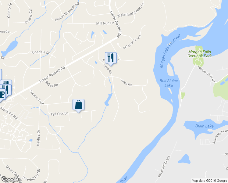map of restaurants, bars, coffee shops, grocery stores, and more near Hyde Rd in Marietta