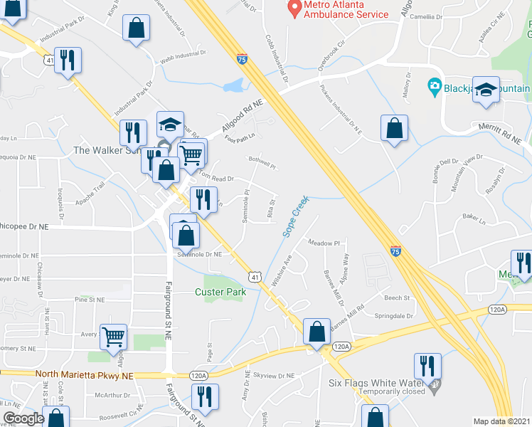map of restaurants, bars, coffee shops, grocery stores, and more near 645 Rita Street in Marietta